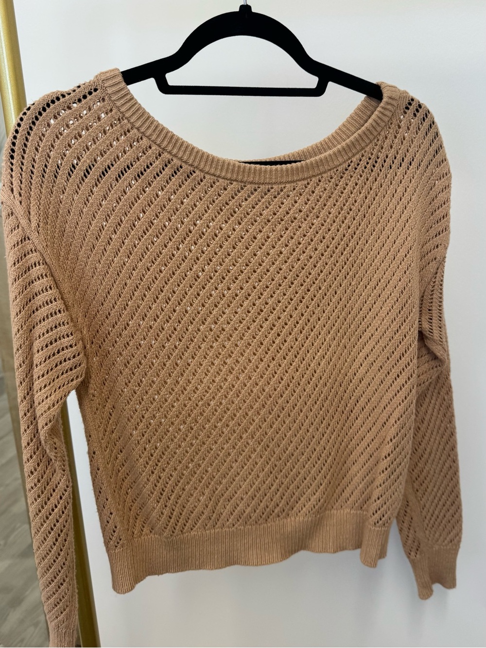 INTERMIX Open-Knit Wide Scoop Neck Sweater in Tan